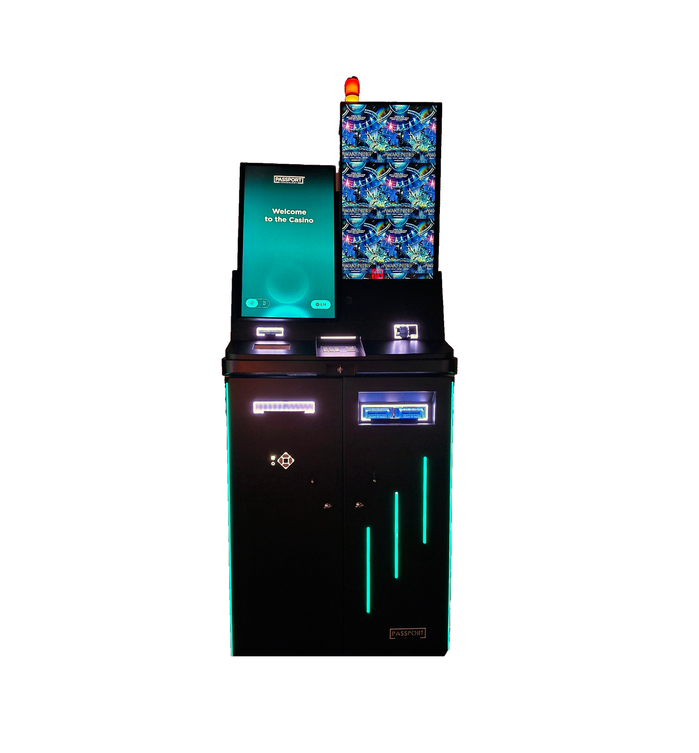 Passport-branded vertical casino welcome and cash-access kiosk manufactured by Nevatronix