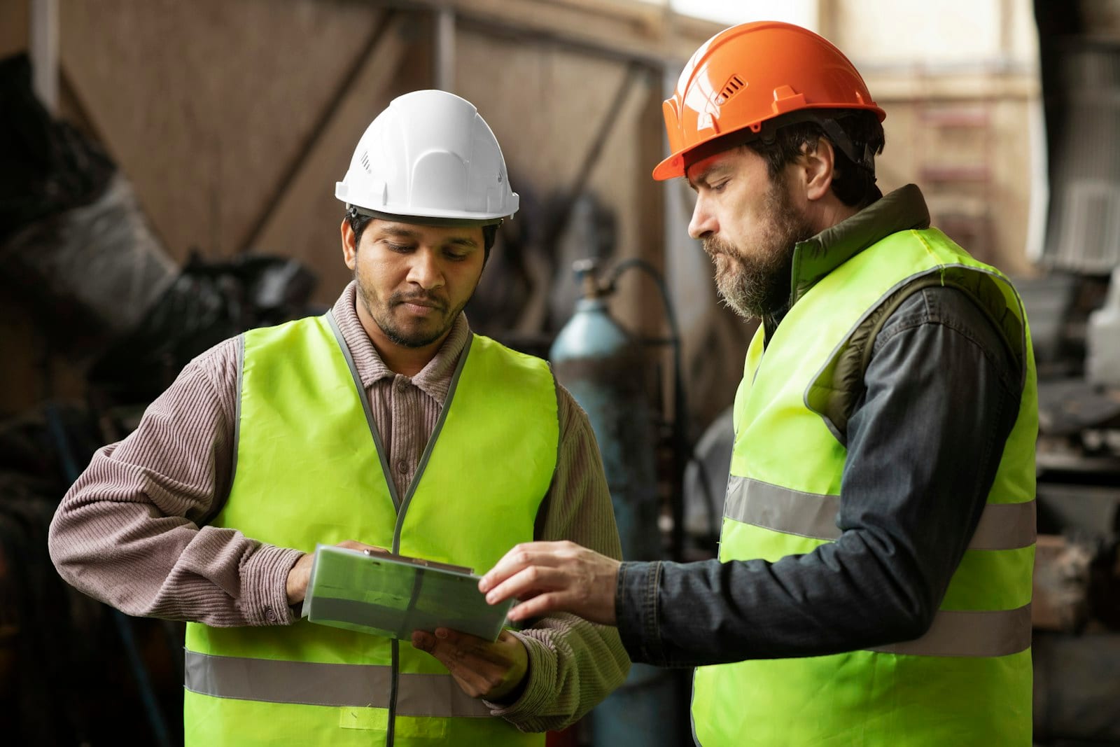Two shop-floor workers in high-visibility vests review a job on a tablet beside production equipment