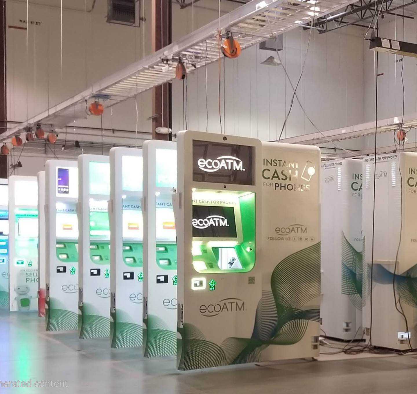 Row of ecoATM instant-cash cellphone recycling kiosks manufactured by Nevatronix