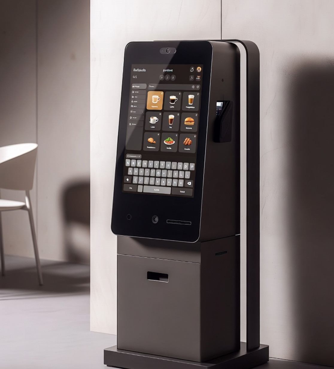 Freestanding self-service ordering kiosk with a large touchscreen menu, manufactured by Nevatronix