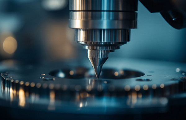 Close-up of a CNC machine tool boring a precise hole in a machined metal part