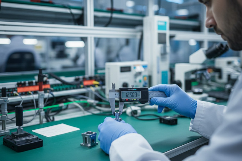 Technician in gloves measuring a machined part with digital calipers at a lab inspection station