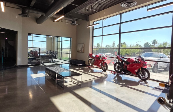 Wide view of the Nevatronix office lobby with polished floors and floor-to-ceiling windows