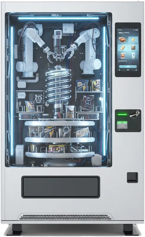 Robotic automated vending machine with dual robotic arms behind glass, manufactured by Nevatronix