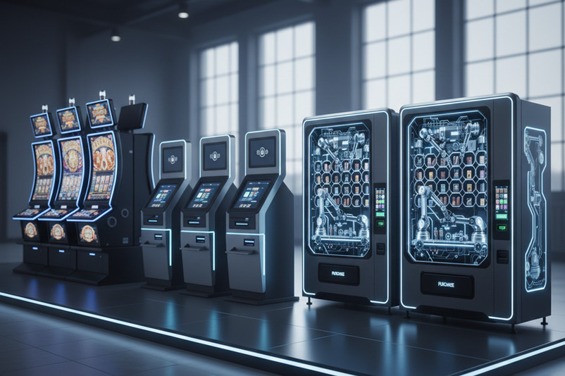 Showroom render of gaming machines, self-service kiosks, and automated vending units built by Nevatronix