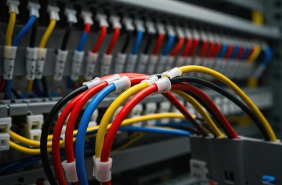 Close-up of a control-panel wiring harness with color-coded cables neatly terminated on terminal blocks